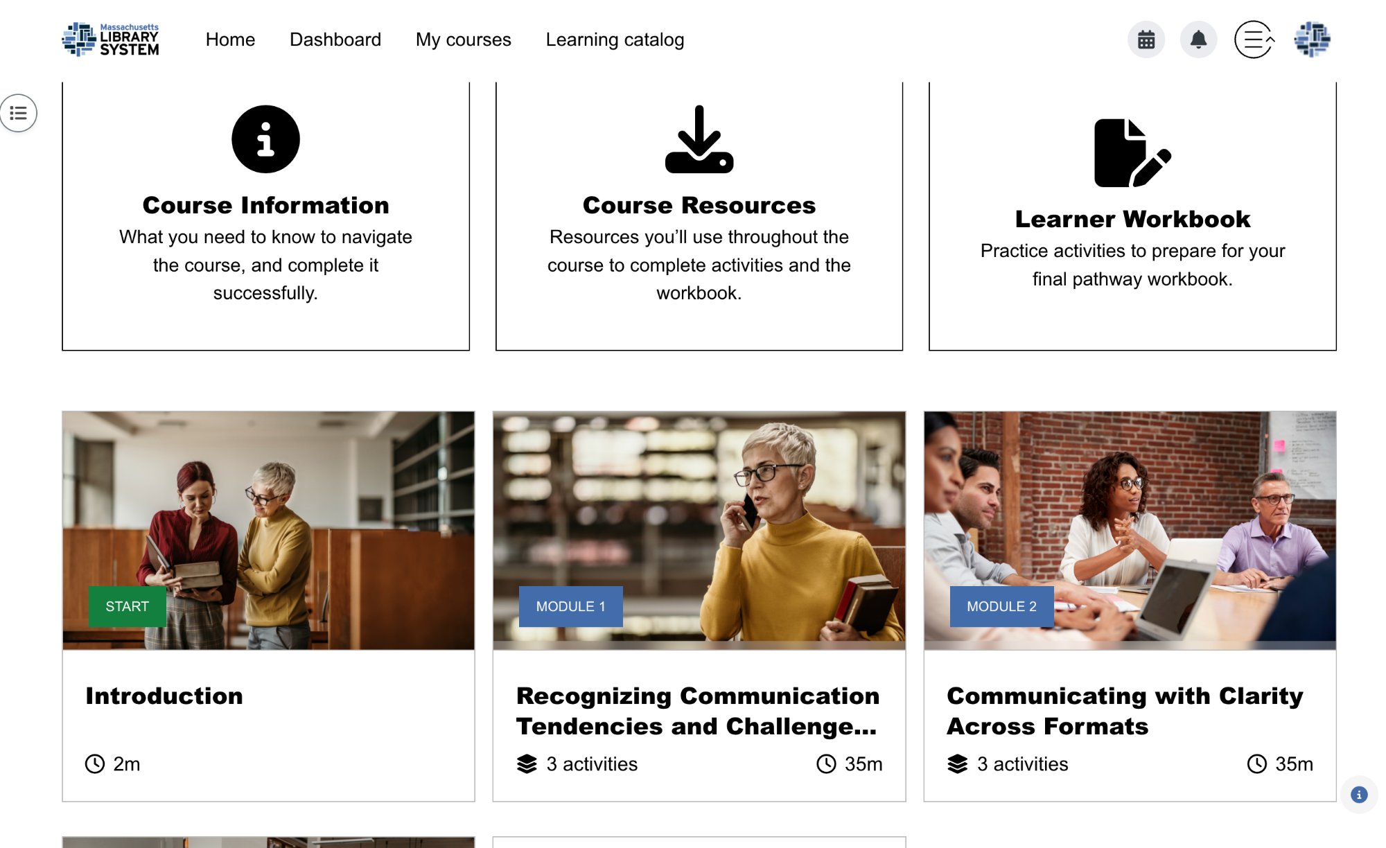 Pathway course page showing Communication for Managers modules with Course Information, Course Resources, and Learner Workbook cards, plus Introduction, Recognizing Communication Tendencies, and Communicating with Clarity modules